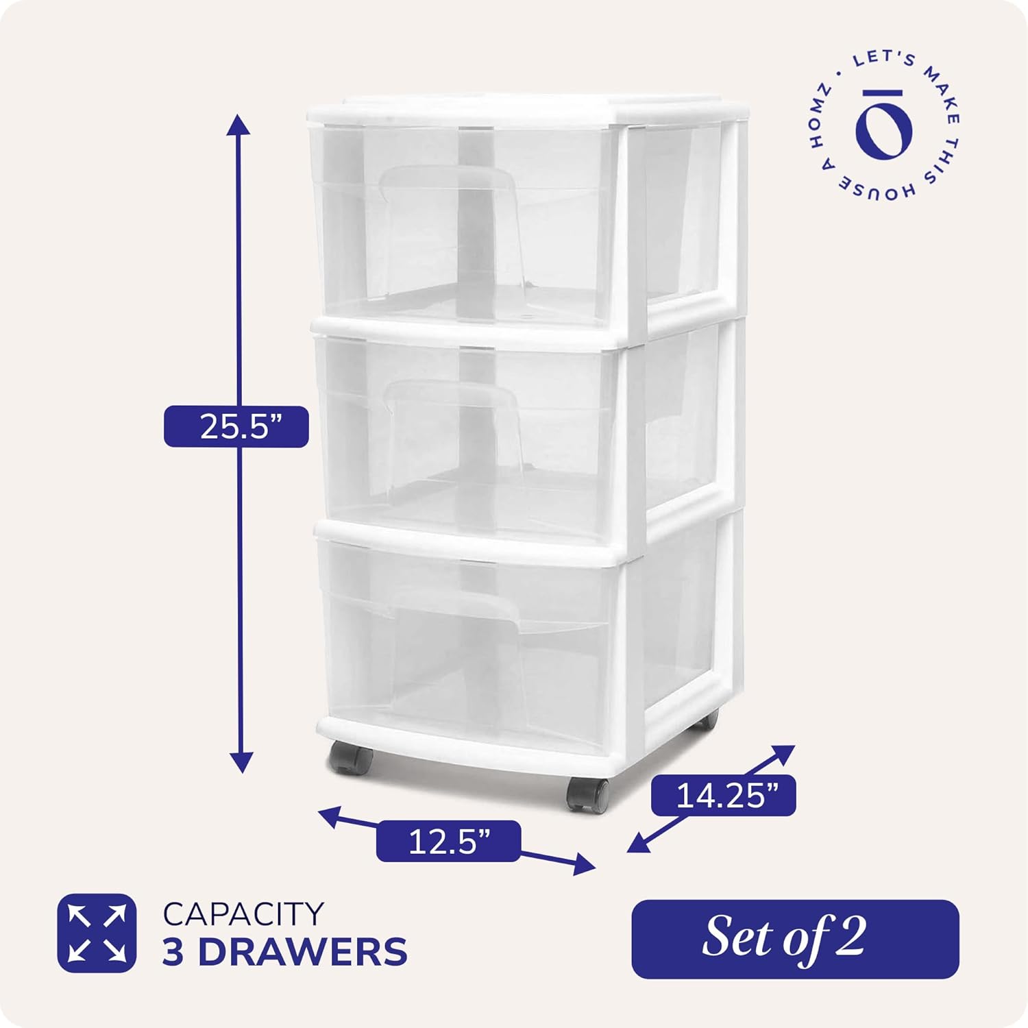 HOMZ 2-Pack Drawer Tower, 3-Tier Clear Plastic Storage Organizer Cart, White Frame - Organizing Containers with Wheels for Home, Bathroom, Bedroom, Office, and Classroom - Image 3