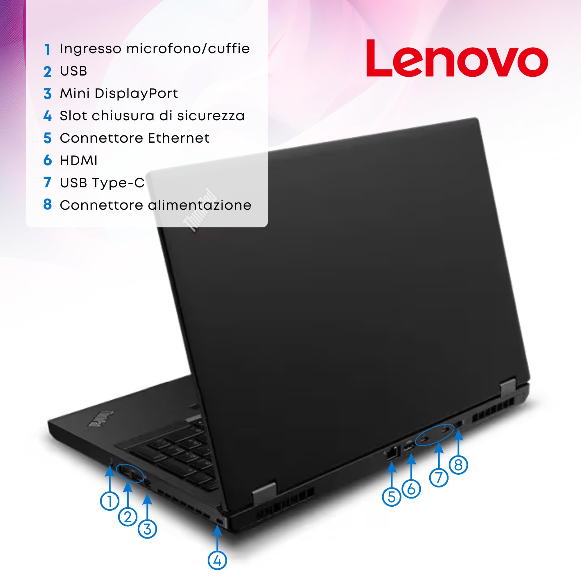 Lenovo ThinkPad, Pc Portatile Notebook Display 15,6 pollici 1920 x 1080 Full HD, Intel i7-8750H Ram 16Gb SSD 512Gb Win 11 GPU Quadro P1000 4Gb (Ricondizionato)