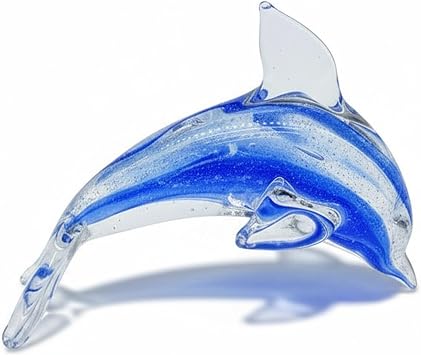 Blue Glass Dolphin Figurine, Handcrafted Crystal Animal Statue for Home Desk Decor and Collectible Display for Daily Use