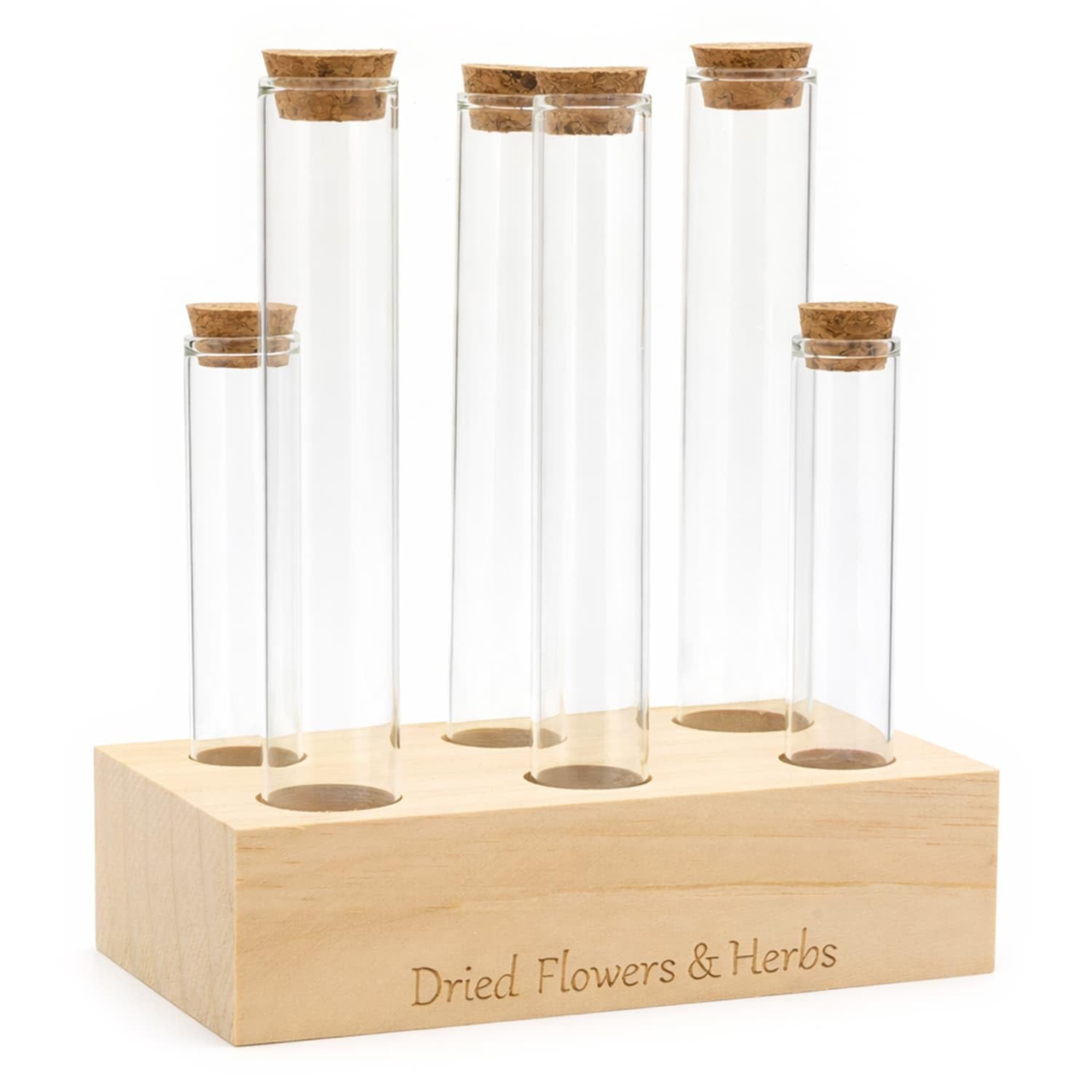 CKB LTD 6pc Glass Test Tube Set for Dried Flowers & Herbs – Wooden Display Stand Rack with Cork Stoppers Tabletop Home Decoration Kit