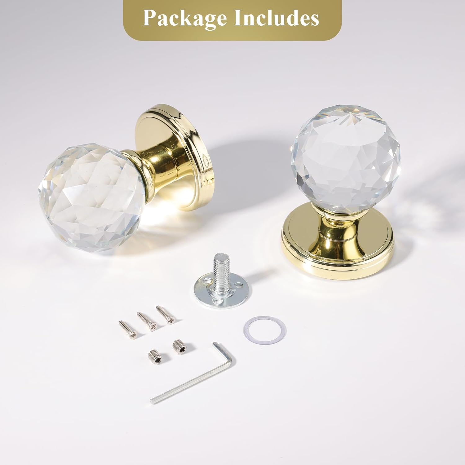 2 Pack Crystal Glass Dummy Door Knobs, Inactive Round Half-Dummy Door Knob Set, Single Side, Polished Brass
