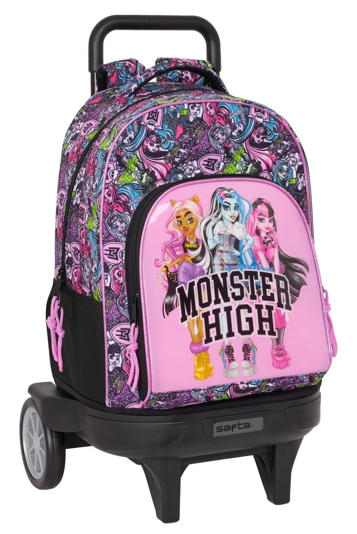 Safta Monster High Drama – Large Backpack with Wheels, Compact Evolution, Removable, Ideal for Children of Different Ages, Comfortable and Versatile, Quality and Resistance, 33 x 22 x 45 cm,