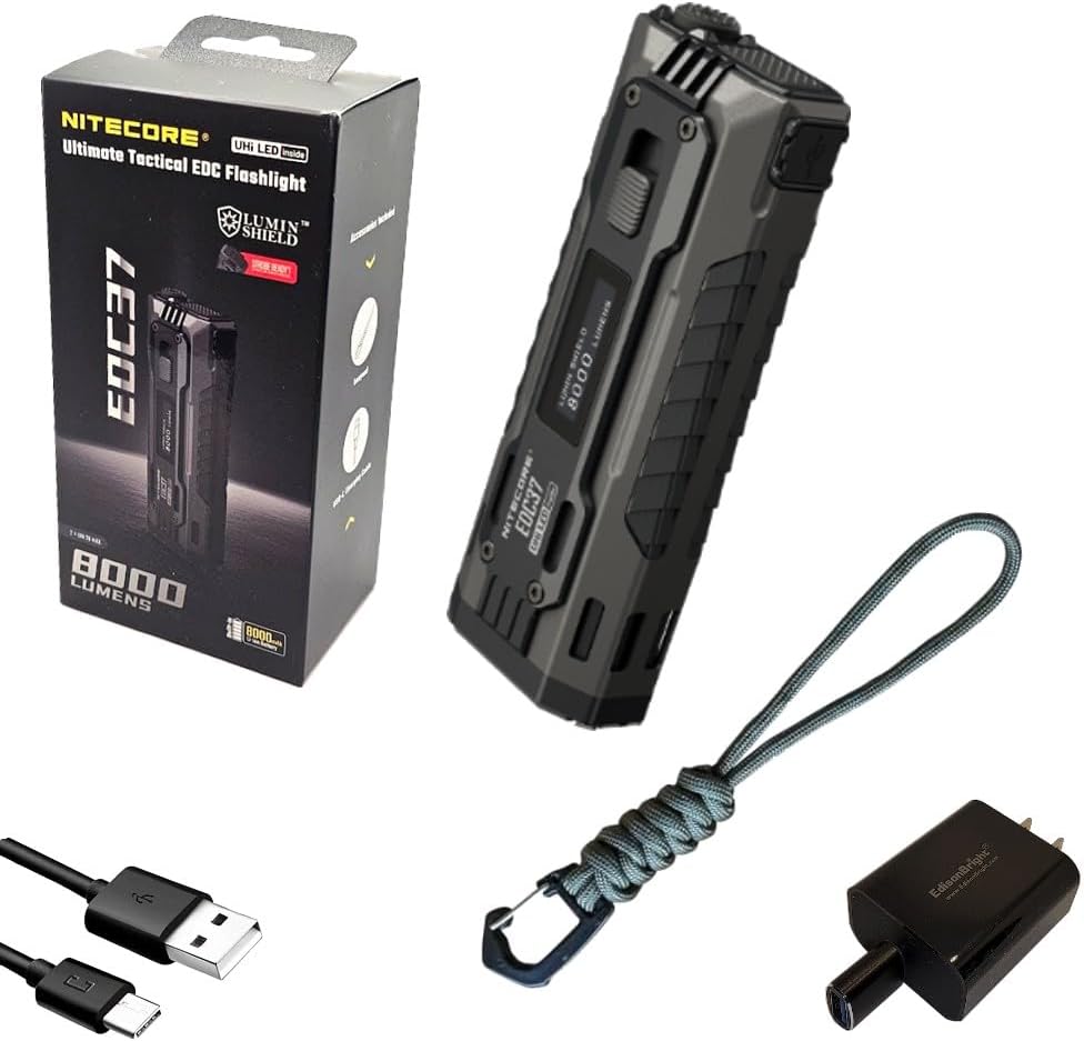 Nitecore EDC37 8000 Lumen USB Rechargeable Slim Physique LED Flashlight EdisonBright Model Charging Adapter