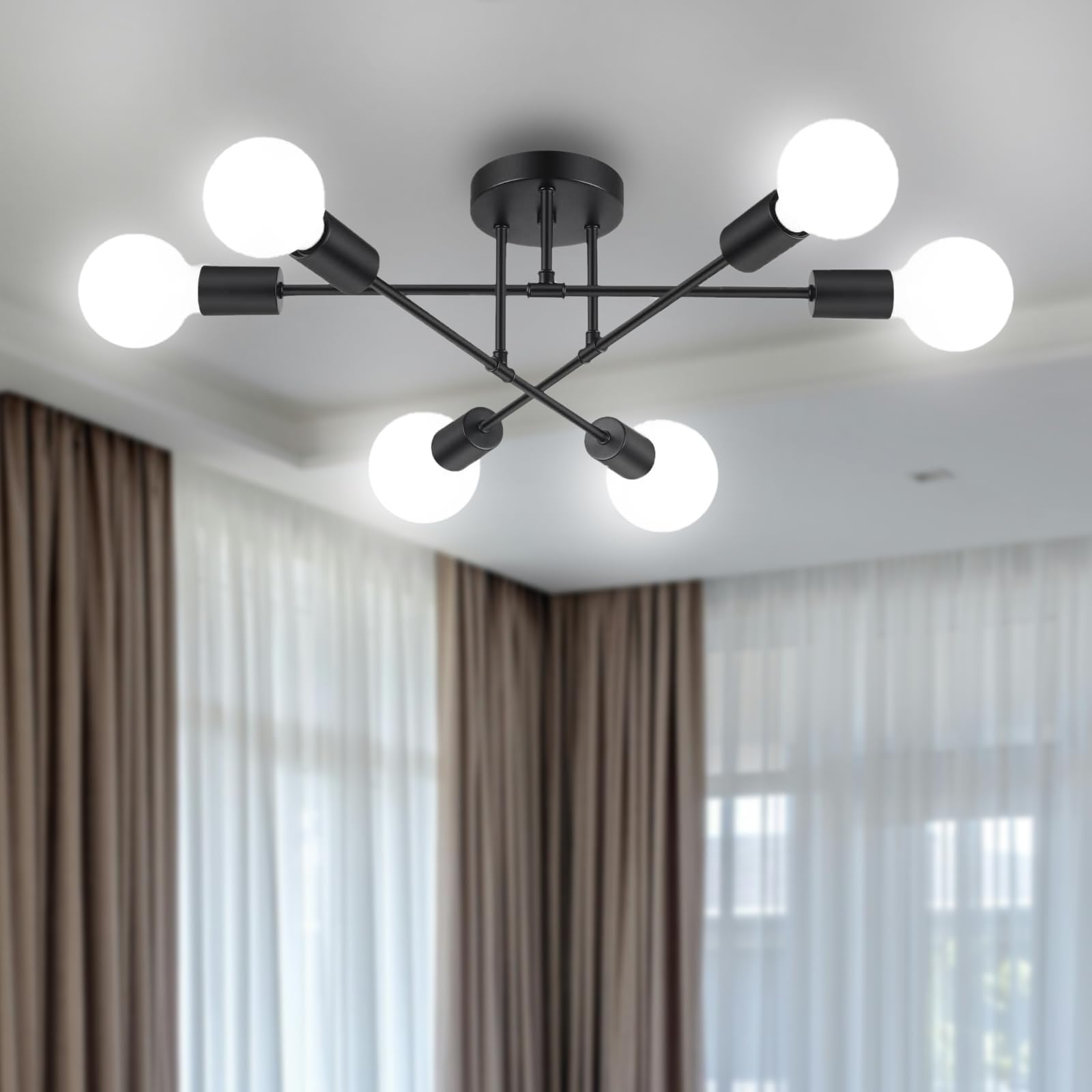 Chandelier Sputnik Ceiling Light, 6 Lights E27 Black Modern Chandelier