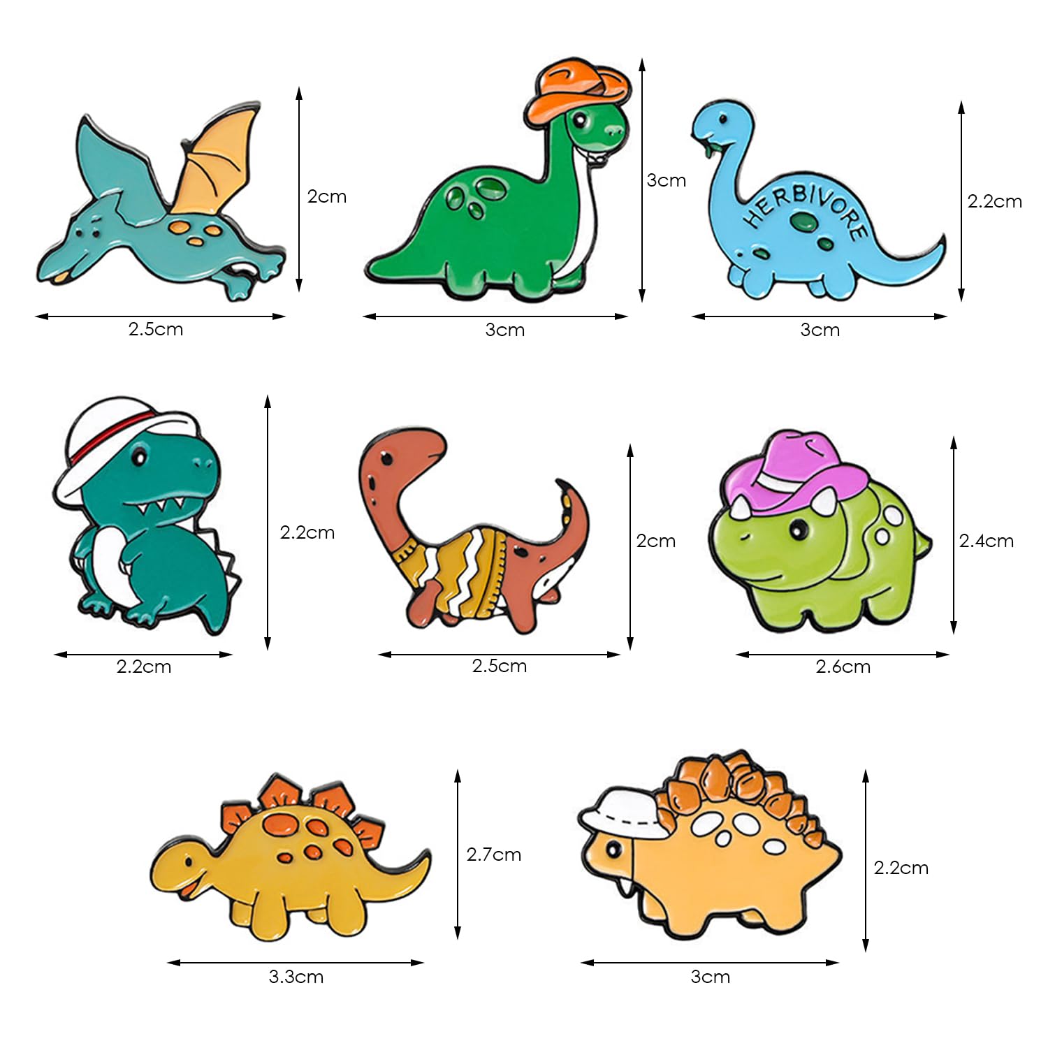 8 sztuk broszki z kreskówek dinozaurów, śliczne i kreatywne broszki, broszki dla dzieci, metalowe szpilki, szpilki do prezentów, ozdobne broszki, Taglia unica