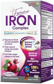 LABO Nutrition Femme Iron Endosomal SunActive ، مكمل حديد 15mg غير مهيج لباني الدم ، نباتي ، لطيف ، لا طعم معدني ، غير متداخل ، مثالي للمعدة الحساسة ، 90 Count