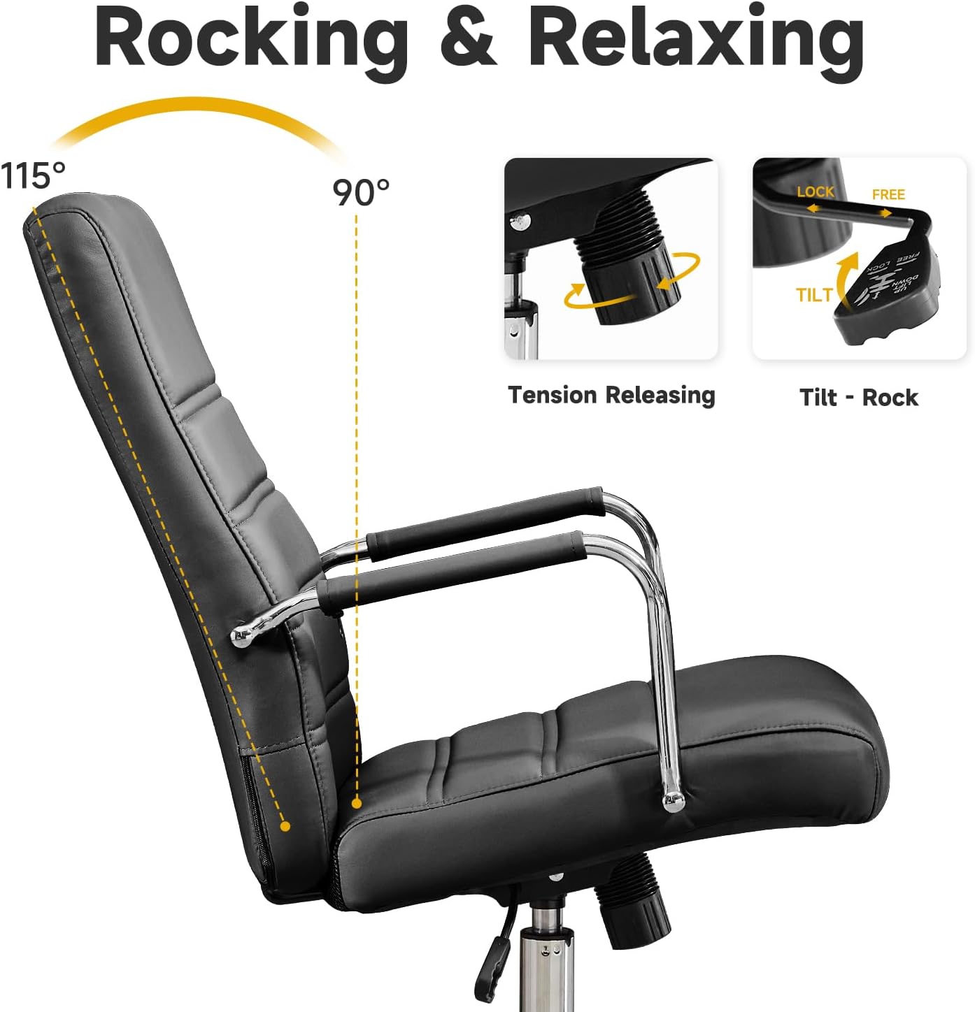 Office Desk Chair Leather, Conference Room Chairs with Wheels, Modern Executive Office Chairs Adjustable Height, Ergonomic Swivel Rolling Ribbed Computer Chair(Black)