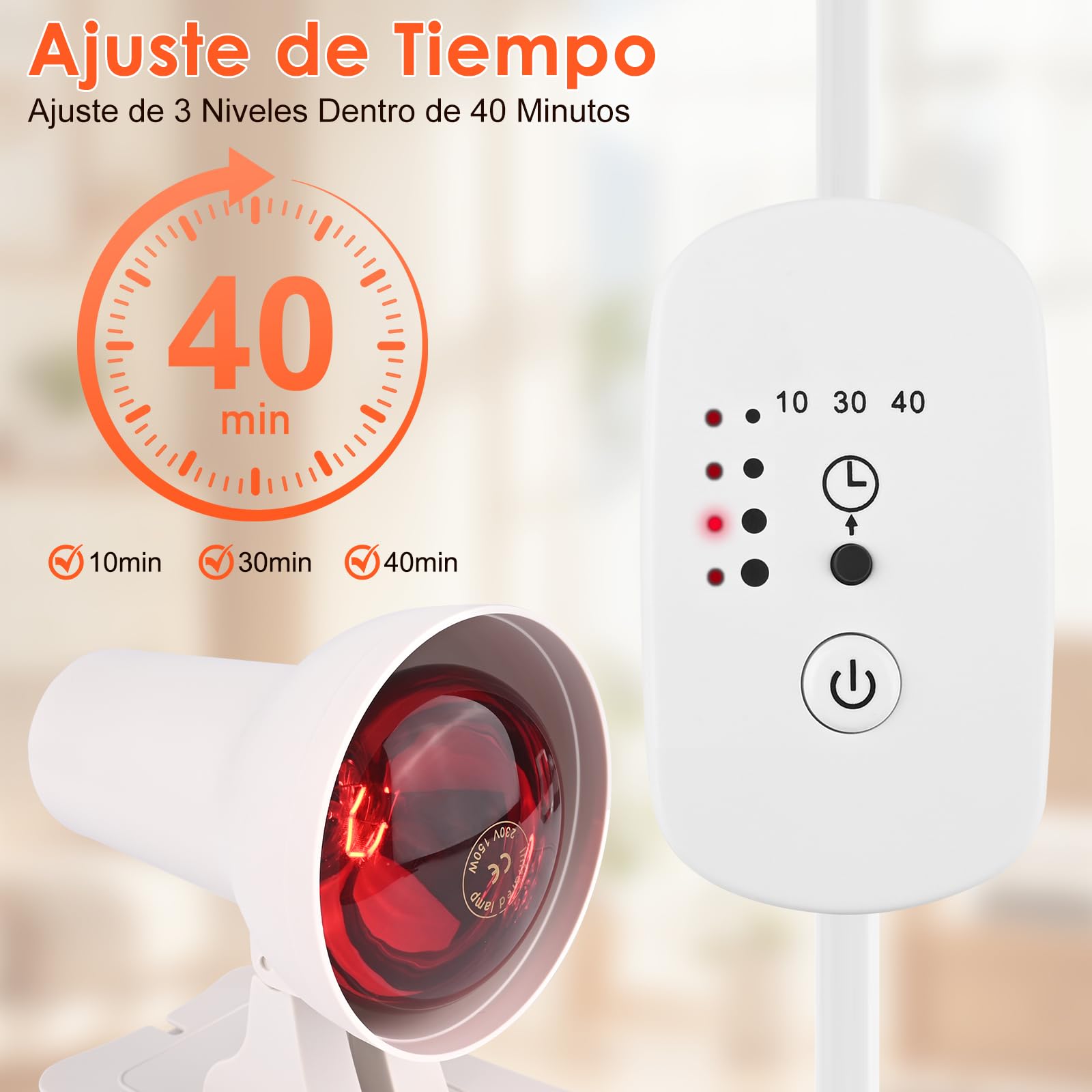 Lámpara Infrarroja 150W con 4 Niveles de Temperatura y 3 Temporizadores, Ángulo Ajustable, Calor Profundo Contra la Fatiga Muscular, Luz Roja Terapia para el Rostro y el Cuerpo