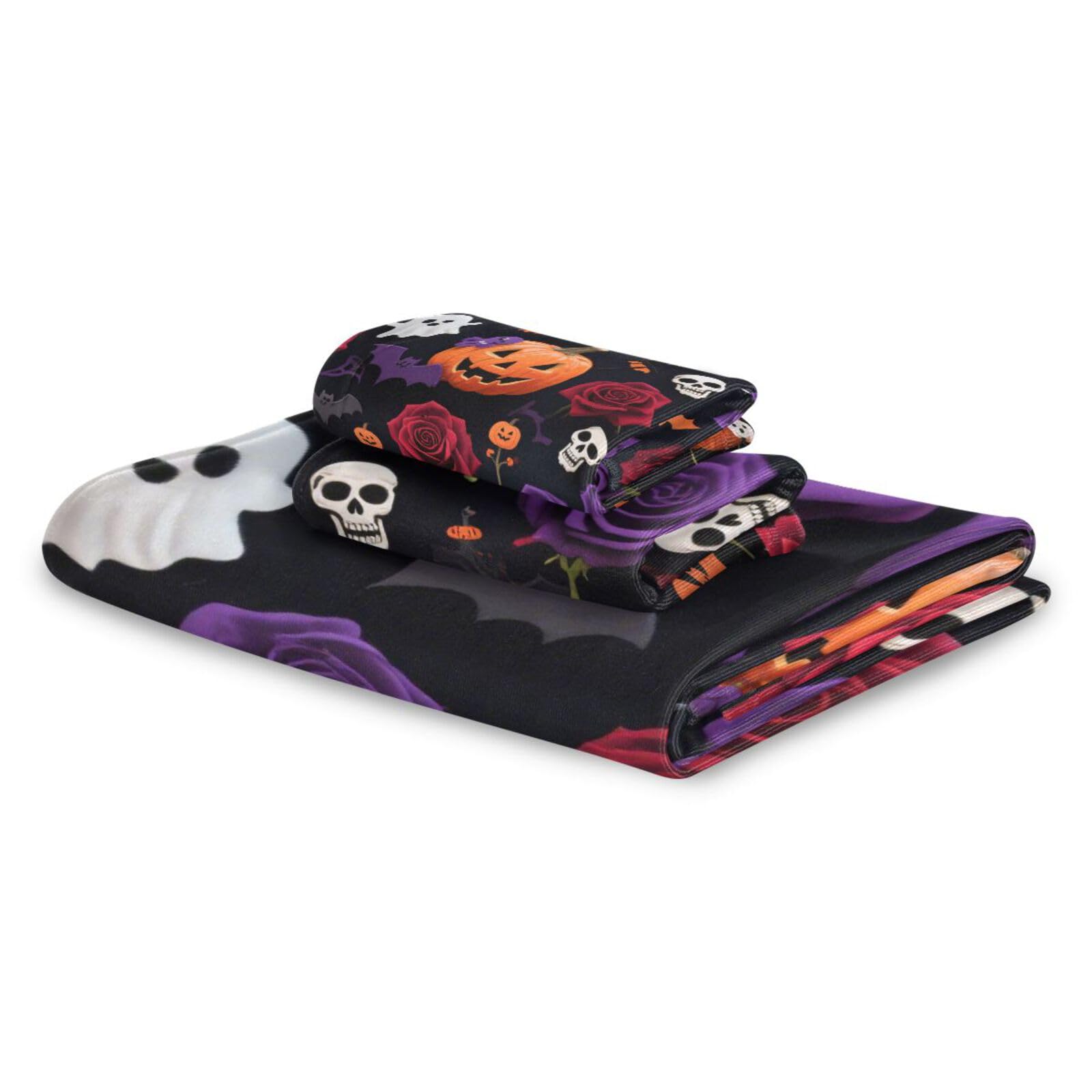 Halloween zucca gialla fiori rosa asciugamani decorativi Set 3 pezzi, 1 asciugamano da bagno 1 asciugamano mani 1 panno per il corpo viso bagno