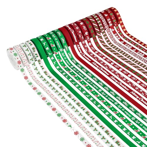 MEEDEE 3/8 inch 100 Yards Assorted Christmas Ribbon - Pack of 20 in Red Green & White - Mix Grosgrain & Double Face Satin Ribbon for Holiday Dcor Gift Wrapping Xmas Wreath Bow or Crafting Project