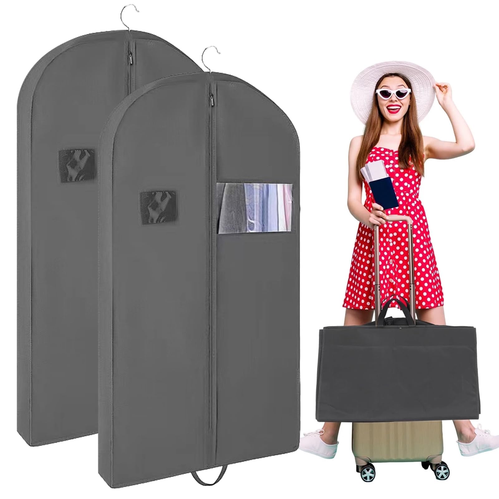 2pcs 60in Dress Bags Covers Long Garment Bags for Hanging Clothes Storage Travel, Clothes Covers Protector Waterproof Dust Proof Garment Covers Bag Moth Proof Dress Cover Suit Bag