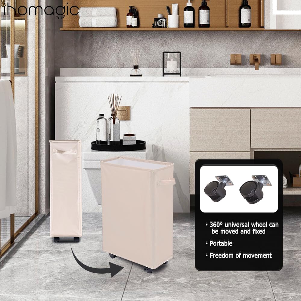 Cesto Ropa Sucia 40L con Ruedas, Cestos para la Colada Rectangular, Bolsa de Lavandería Plegable Beige