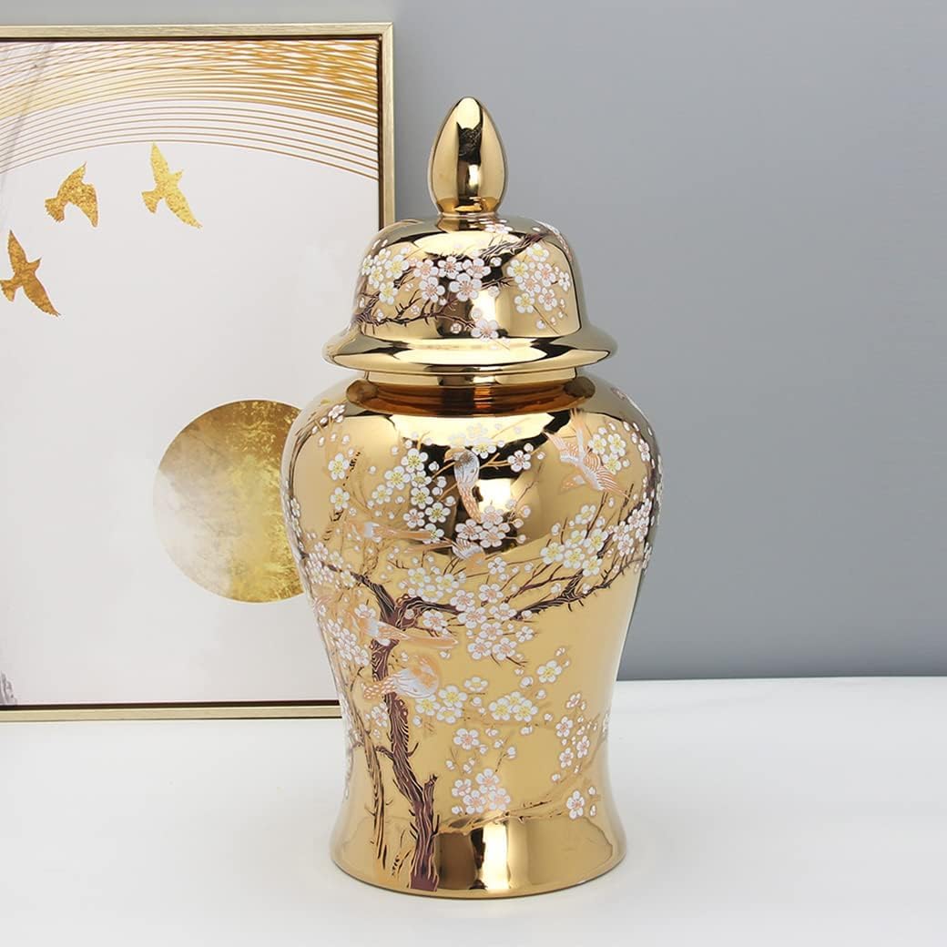 Wazon ceramiczny na imbir z pokrywką, duży, złoty, tradycyjny, porcelanowy, ręcznie malowany, dekoracyjny kwiat i ptak (dł.) (śr.)