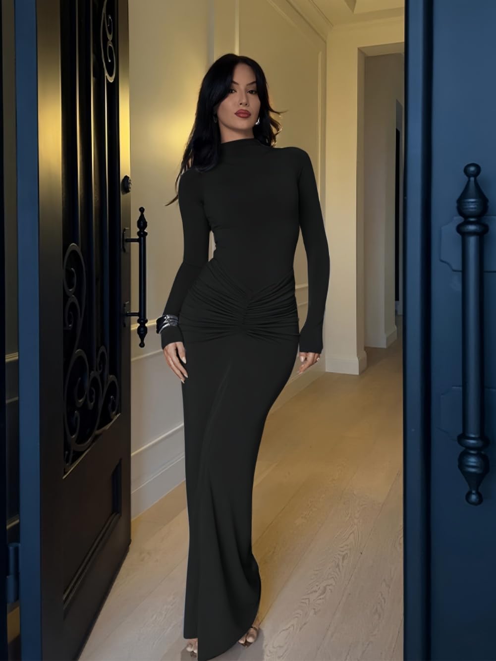 Vestito Donna Elegante Maniche Lunghe Maxi Abito Aderente con Scollo Alto Sexy Vestiti Lungo a Pieghe Abiti da Sera Cerimonia Festa Cocktail Matrimoni Autunno Inverno Casual Bodycon Tubino