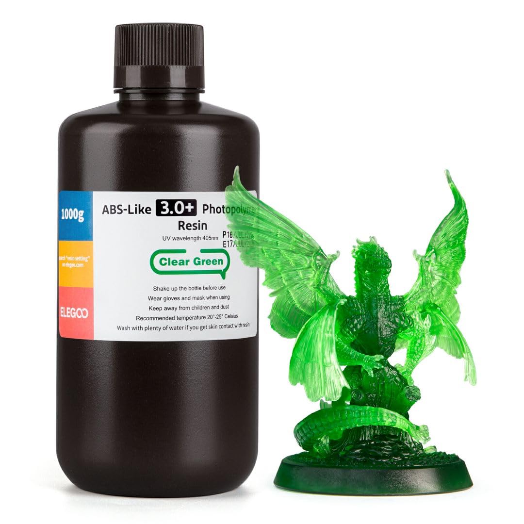 ELEGOO ABS-Like Resin 3.0+, Upgraded 3D Printer Photopolymer Resin, Higher Heat-Resistance Fast Curing High Precision Non-Brittle, Clear Green 1000g