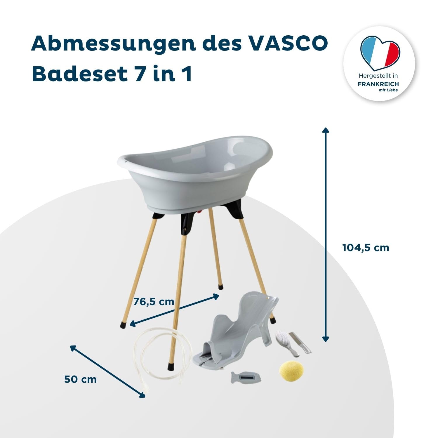 Thermobaby - VASCO 7-in-1-Babybadepaket - Badewanne, Holzfuß, Abflusschlauch, Badeliege, Thermometer -Bürste, Kamm, Schwamm - Zusammenklappbar & Stabil - Grau Charme