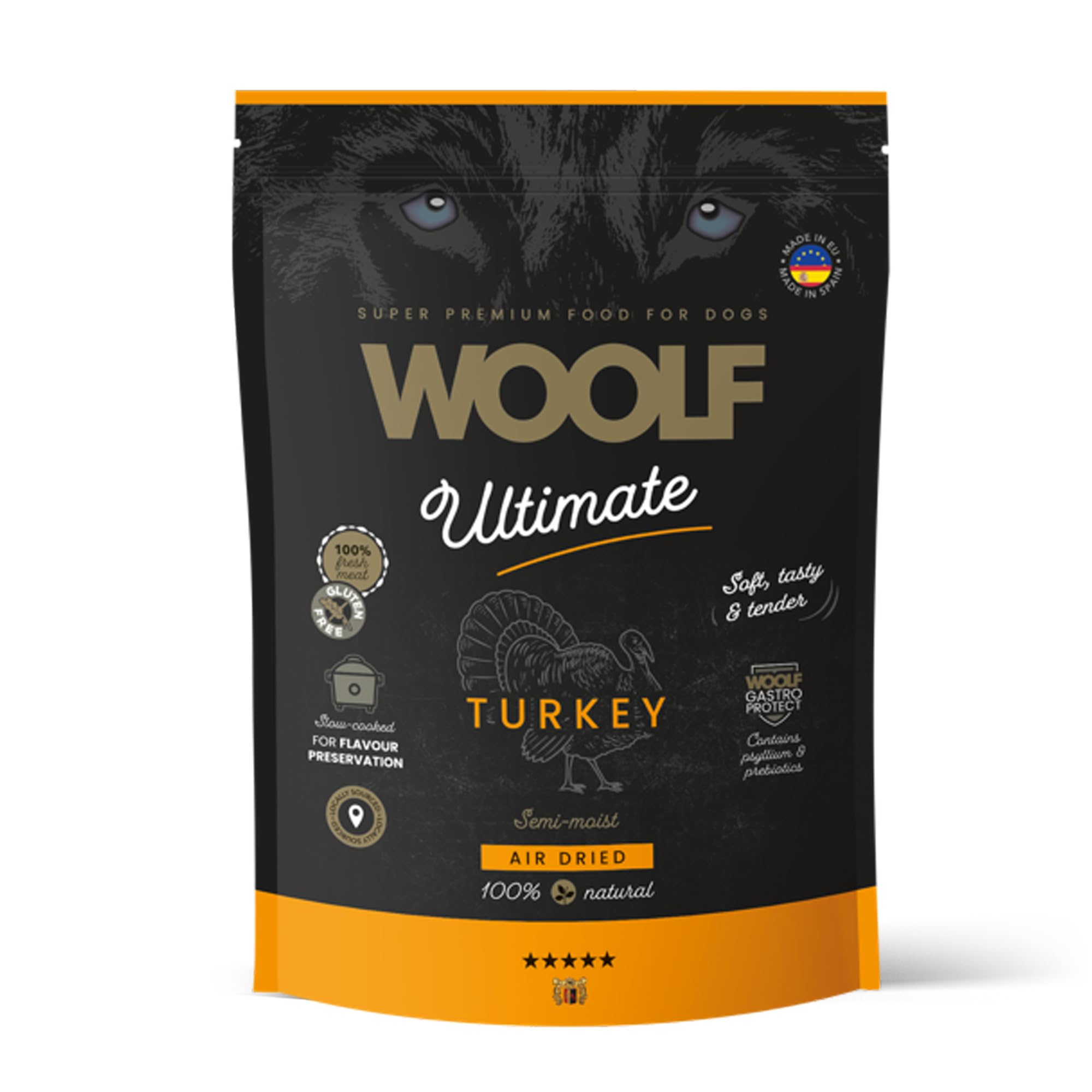 WOOLF Semi-Moist Air-Dried Complete Dog Food 1kg- Natural Ingredients & High Meat Content, Slow-cooked to Preserve Flavour & Nutrition, Gluten-Free, Ideal for Sensitive Stomachs or as a Topper(Turkey)
