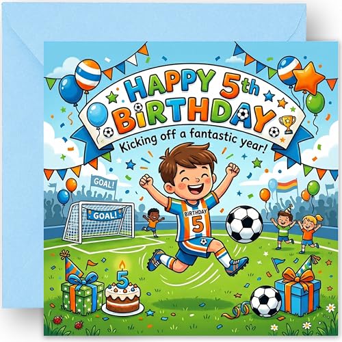 5th Birthday Card for Boys - Five Today 5 Years Old Football Design - Happy Fifth Birthday Card for Son Grandson Newphew Friend - Includes Blue Envelope 14cm