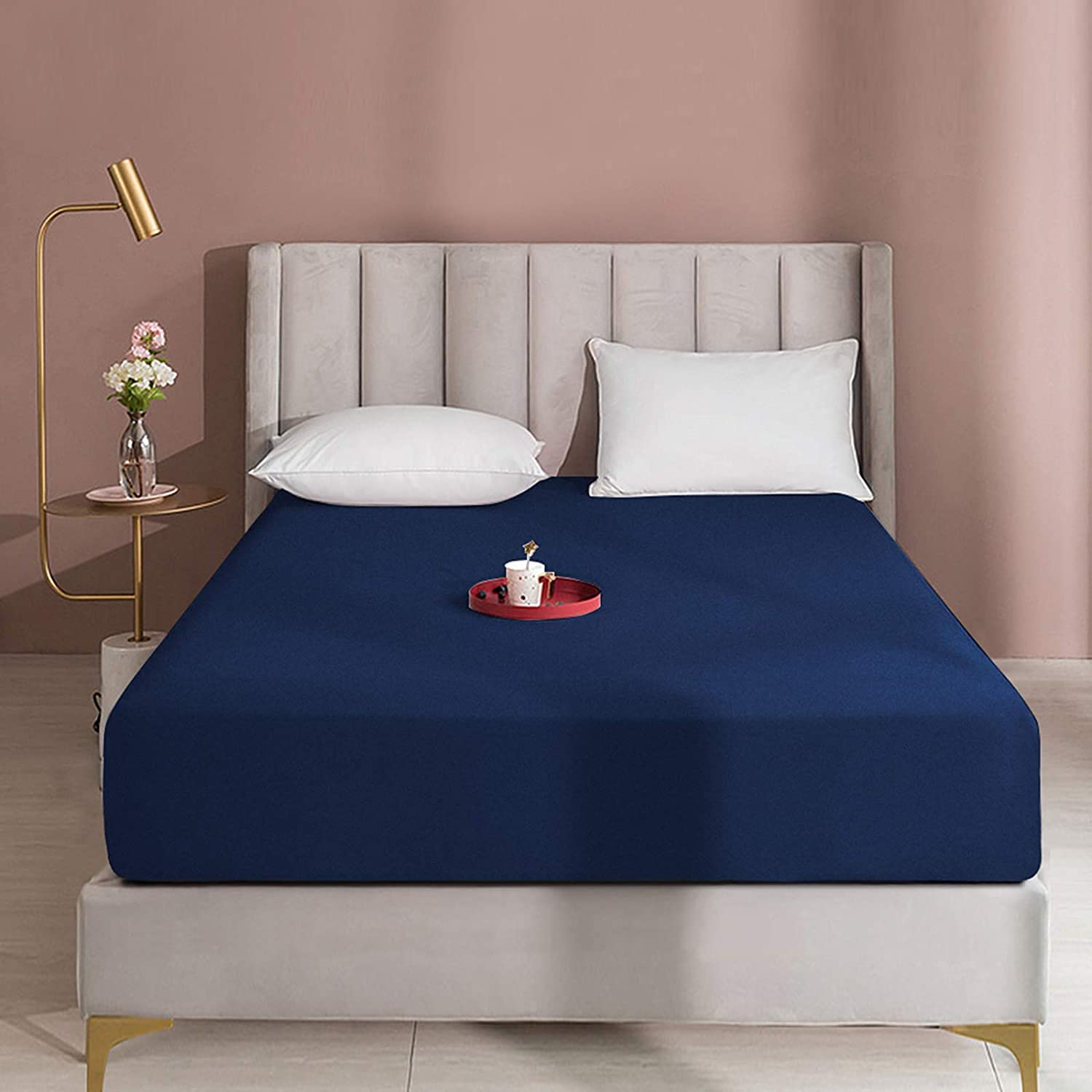 Queens Land Home Navy Extra Deep 16"(40Cm) Non Iron Percale Plain Pollycotton Fitted Sheet-(Double, )
