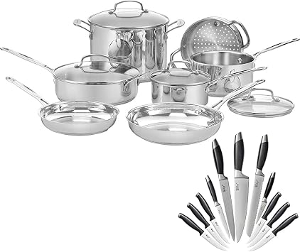 Cuisinart 77-11G Chefs Classic Stainless 11-Piece Cookware Set Bundle with Deco Chef Gourmet 12 Piece Stainless Steel Knife Set with Storage Block