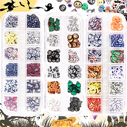 FUXULE 36 Grids Thanksgiving Halloween Nail Art Slice Sequins Glitter Decals Fimo 3D Cute Cartoon Nail Charms Pumpkin Eyes Spider Web Ghost Bat Alien Skull Nail Decals Acrylic Nail Decoration