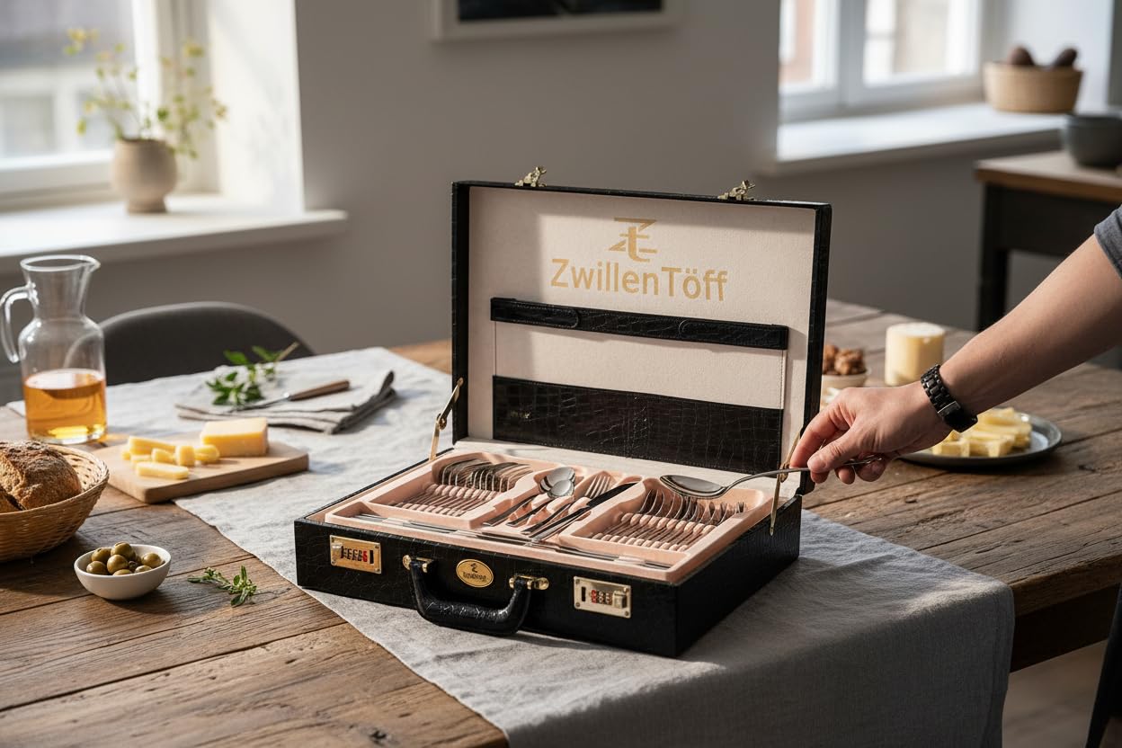 Besteck Set 72-teilig für 12 Personen, Edelstahl, Silber | Hochglanzpoliertes Besteckset im Koffer, spülmaschinenfest, für festliche Anlässe und Alltag
