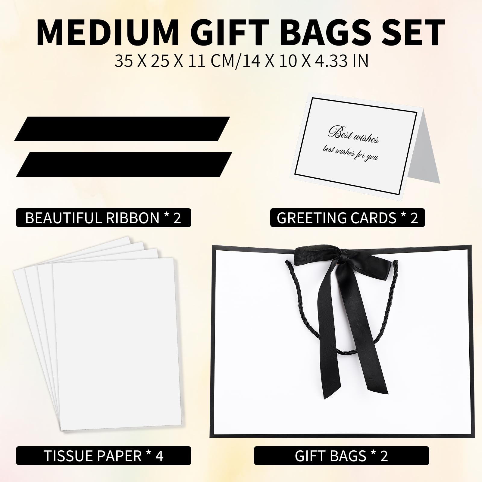 woric White Gift Bags with Handles, 14" Medium Gift Bag with Tissue Paper, 2 Pcs Gift Bags with 4 Tissue Paper and 2 Cards for Graduation Father's Day Wedding Bridal Shower Birthday Party