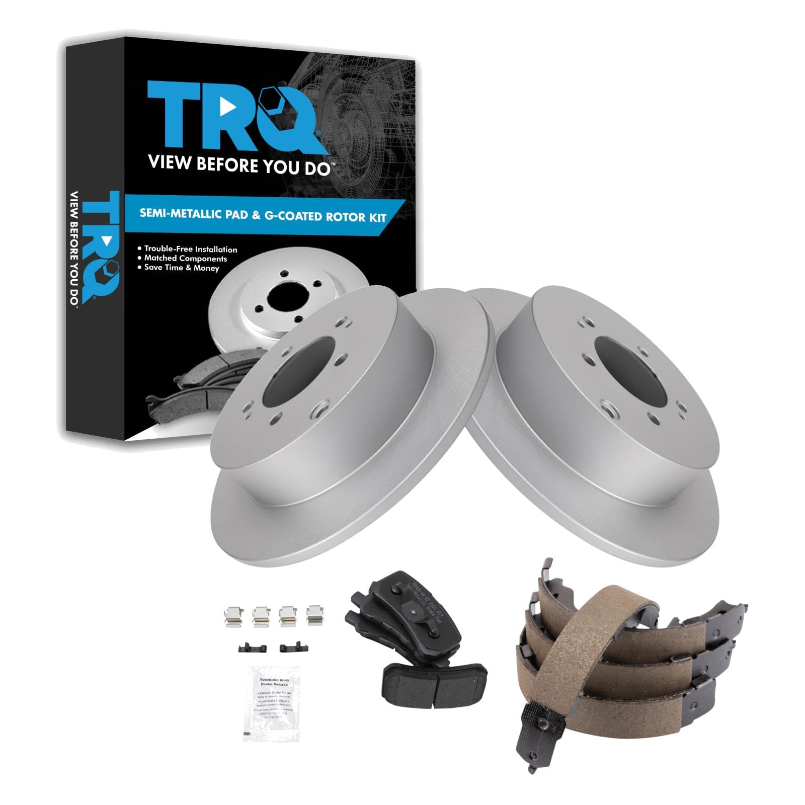 TRQ Rear Brake Pad and Rotor Set Semi Metallic Coated Rotors Parking Shoe Compatible with 2008-2011 Mitsubishi Outlander