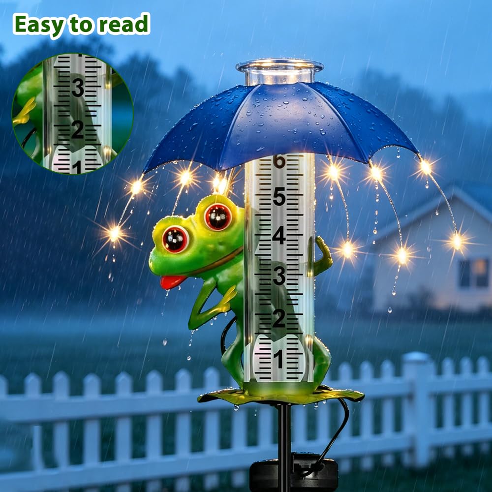 7-Zoll Regenmesser, Niederschlagsmesser mit Erdspieß und Solar-LED-Leuchten, Frosch Regenmesser Frostsicher, Gut präzise et Ablesbar, Gartenzubehör, dekorativ für Garte Rasen Terrasse und Hof