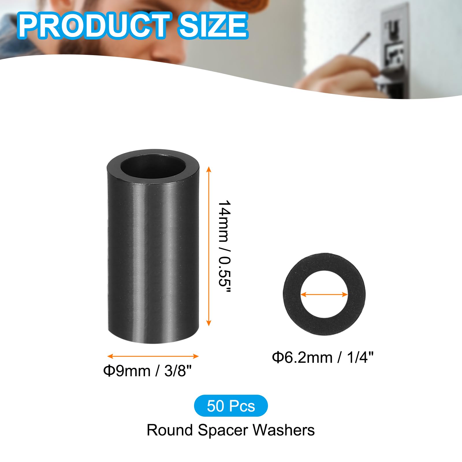 PATIKIL 50Pcs M4 ABS Spacers M6 x 9mm OD x 14mm L Plastic Round Spacer Washers Black Standoff Nut Unthreaded for Screws Bolts Electrical Outlet - Image 2