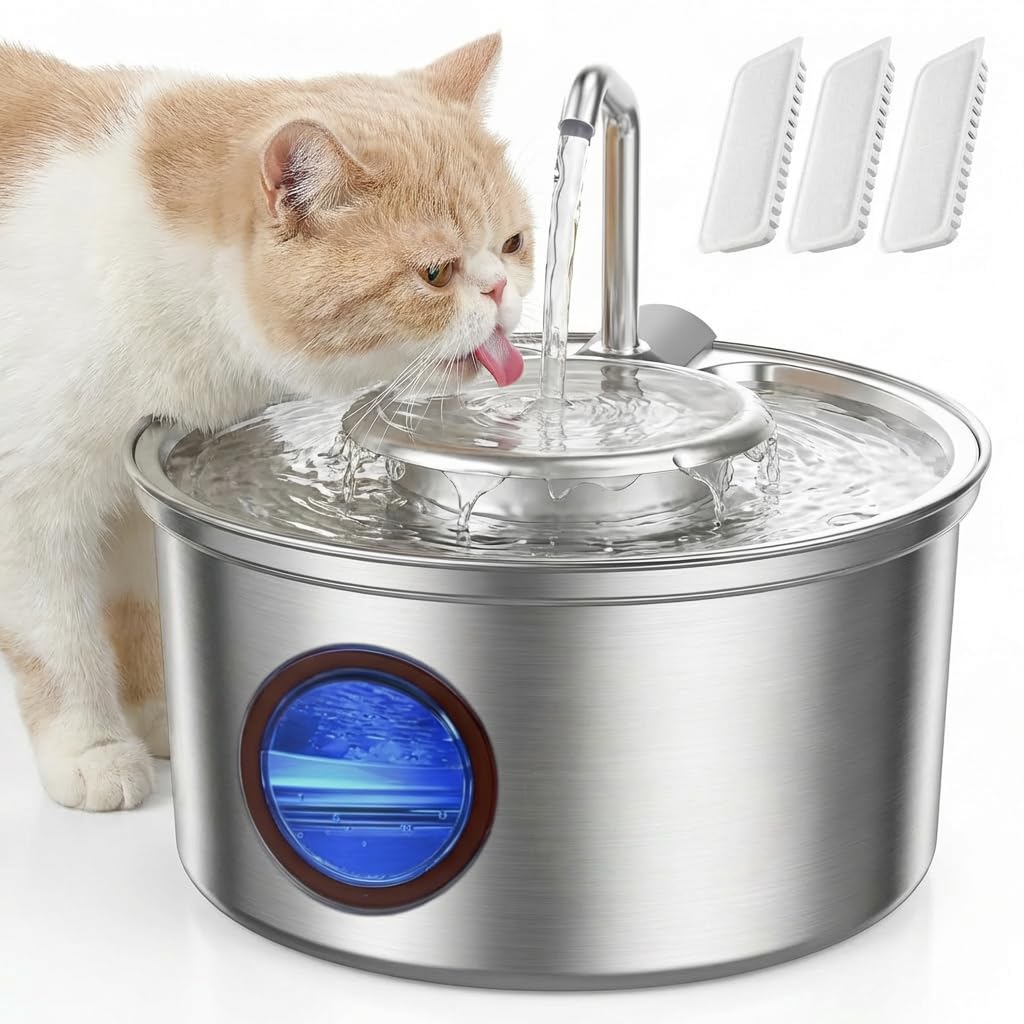 Cat Water Fountain Stainless Steel - 108oz/3.2L Ultra-Quiet Cat Fountain for Drinking with Removable Water Bowl, Kitty Spout Fountain with 3 Filters Supplies for Cats, Small Dogs, Multiple Pets