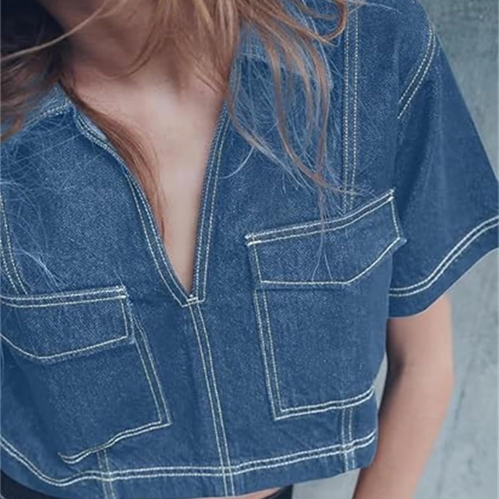 Generisch Top da donna con scollo a V, camicie estive casual per la serata fuori, polo a maniche corte con colletto, gilet in jeans retrò