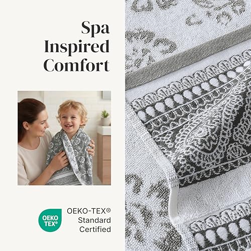 Image of Modern Threads 6 Piece Bath Towel Set - Bathroom Set with 2 Bath Towels, 2 Hand Towels, and 2 Wash Cloths - 100% Cotton, Super Absorbent & Extra Soft - Reversible Floral Trail (Gray)