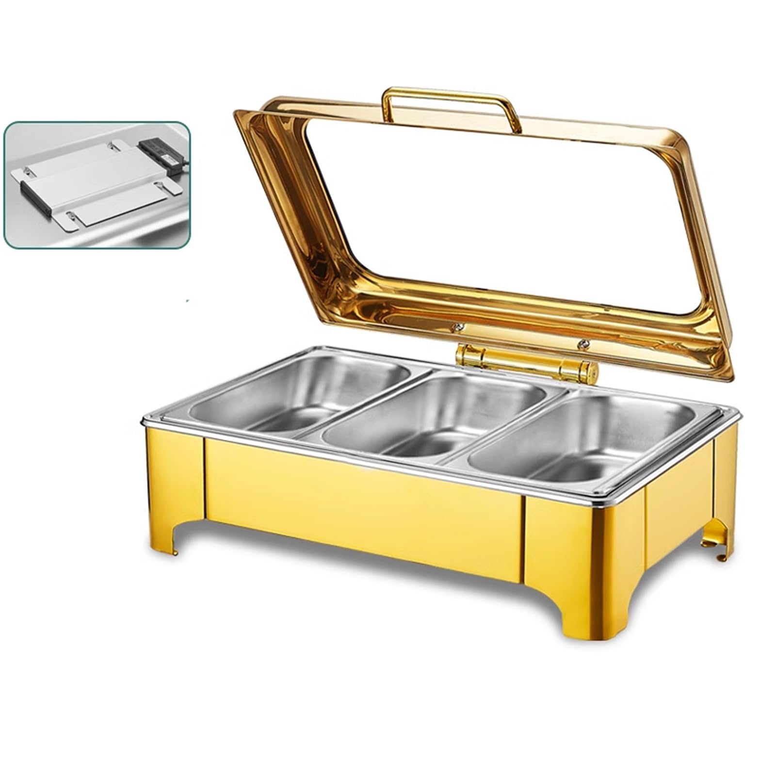 Chafing Dish Electrico de Acero Inoxidable Calentador de Buffet Eléctrico con Control de Temperatura y Tapa de Cristal Transparente para Buffet de Catering(9L/3)