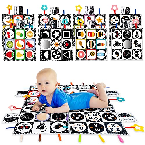 Image of Black and White High Contrast Baby Infant Sensory Toys for Babies 0-6-12-18 Months,Newborn Tummy Time Toys with Mirror and Teether,Montessori Learning Activities for Babies Boy Girl Gift 4 Pack