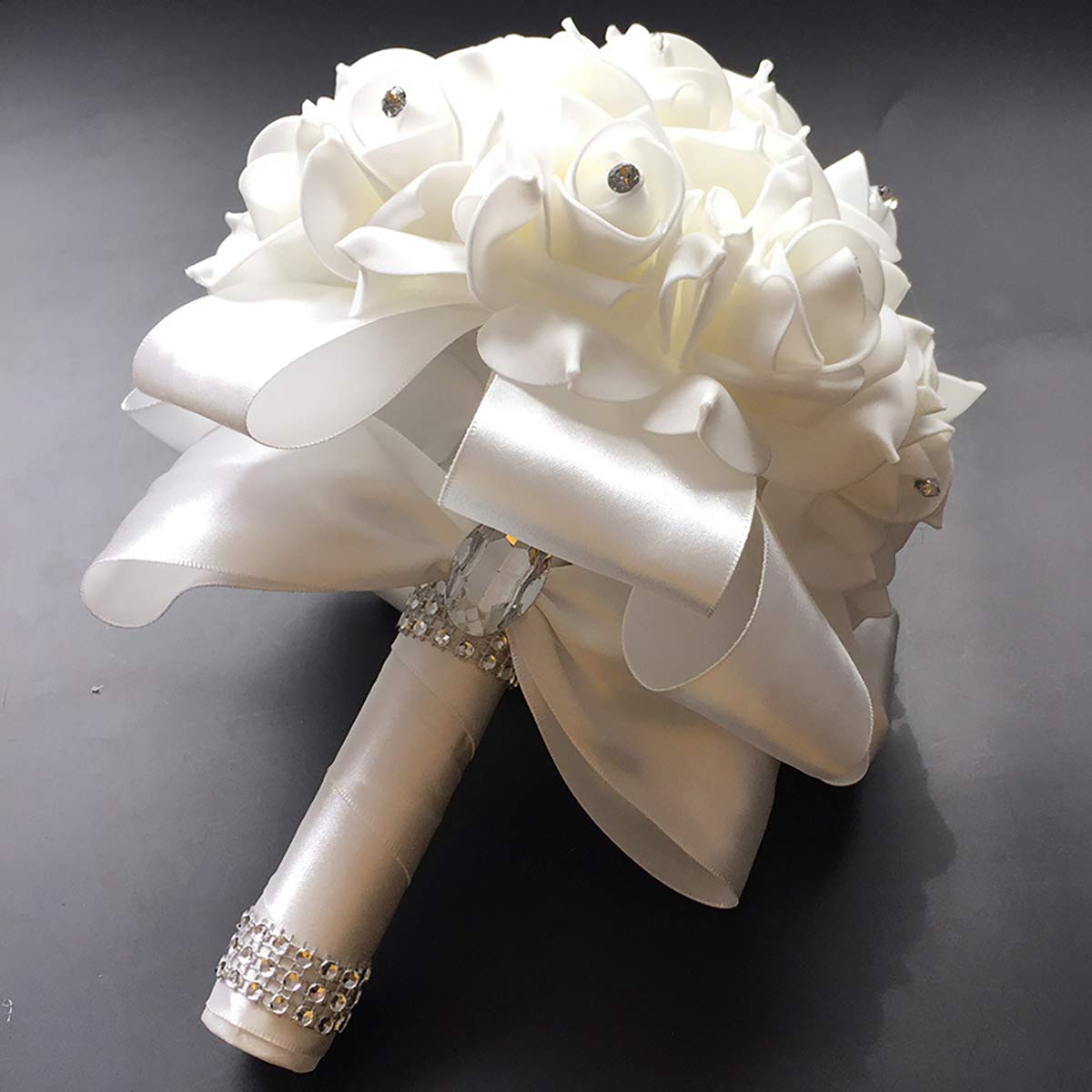 Foraineam 2 Pack Wedding Bouquet Bridal Bridesmaid Holding Flowers Foam Roses Artificial Fake Flower Hand Bouquets with Crystals Soft Ribbons