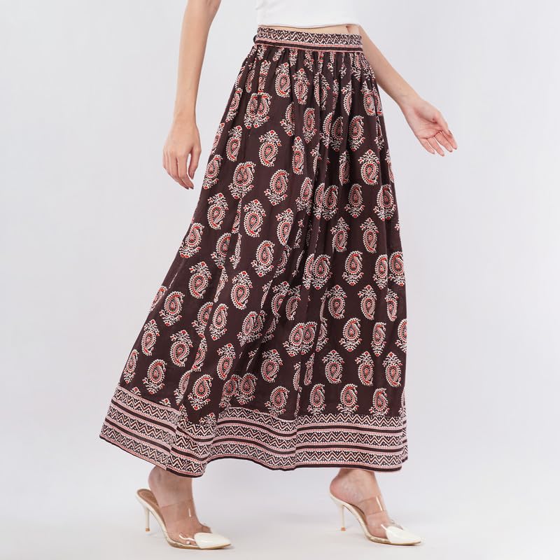 Rabhika Women’s Maroon Patterned Pure Cotton Panel Maxi Skirt, Stylish Ethnic Wear Long Cotton Skirt for Women| 2XL 3