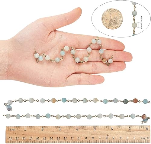 Miniatura 10 de LiQunSweet 16.4 pies (16.4ft) de 0.157in de piedra de jade blanco natural, cadenas de rosario con cuentas de latón con pasadores de ojo, hallazgos