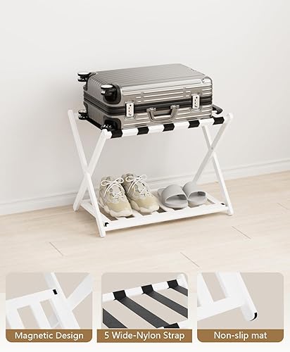 Miniatura 9 de Portaequipajes, juego de 2 portaequipajes plegables para habitación de invitados, soportes de maleta de bambú con correas de nailon, soporte de