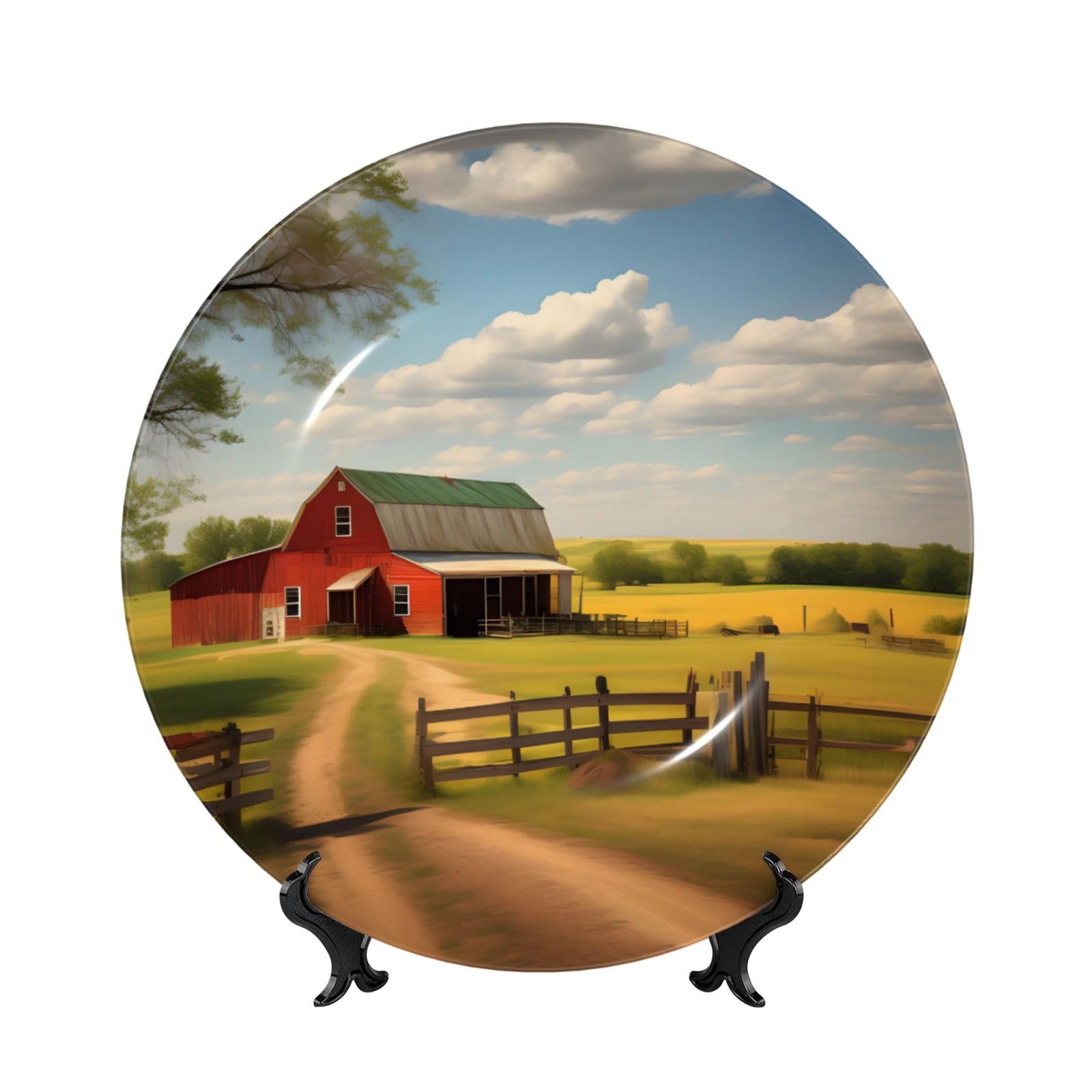SXZVVBN Ranch View Bone China Decorative Plate Art with Stand Removable Adhesive Hanging for Home Office 6in（15cm）
