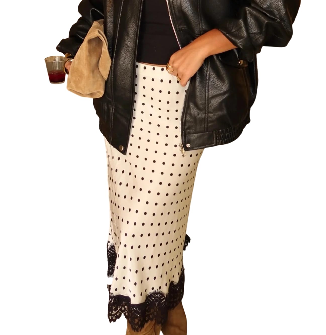 Satin Lace Long Polka Dot Skirt for Women Lace Trim Silk Midi Skirt Vintage Elegant Flowy Pencil Long