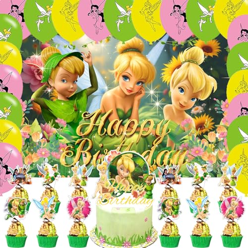 Tinker_Bell Birthday Backdrop Fairy Flower Poster for Fairy Theme Party Decorations Includes Backdrop 18 Balloons Cake Topper 24 Cupcake Toppers
