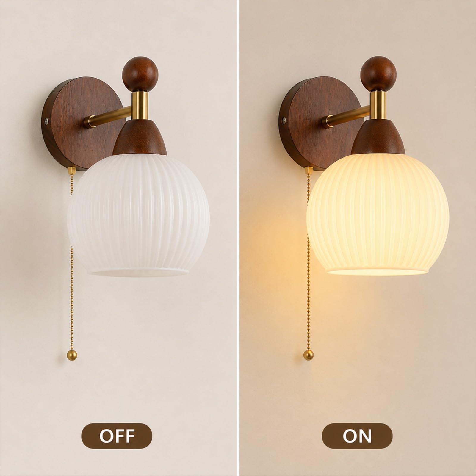 Jadssox Drewniany Kinkiet Ścienny Z Przełącznikiem Na Łańcuszku, Lampa Do Montażu Na Ścianie W Stylu Vintage, Oprawa Ścienna Z Kloszem Ze Szkła Białego Mleka, Kinkiety Do Salonu W Sypialni