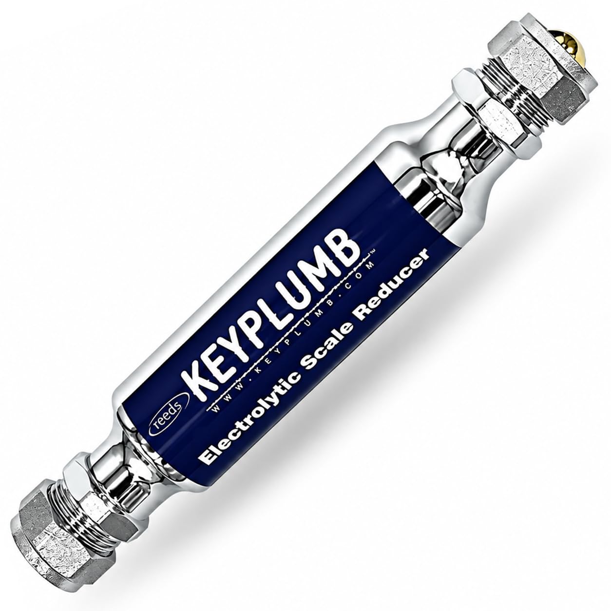 Reeds Inline Electrolytic Scale Reducer 15mm Compression – Limescale Inhibitor for Whole House Protection – Nickel Plated – No Power Required