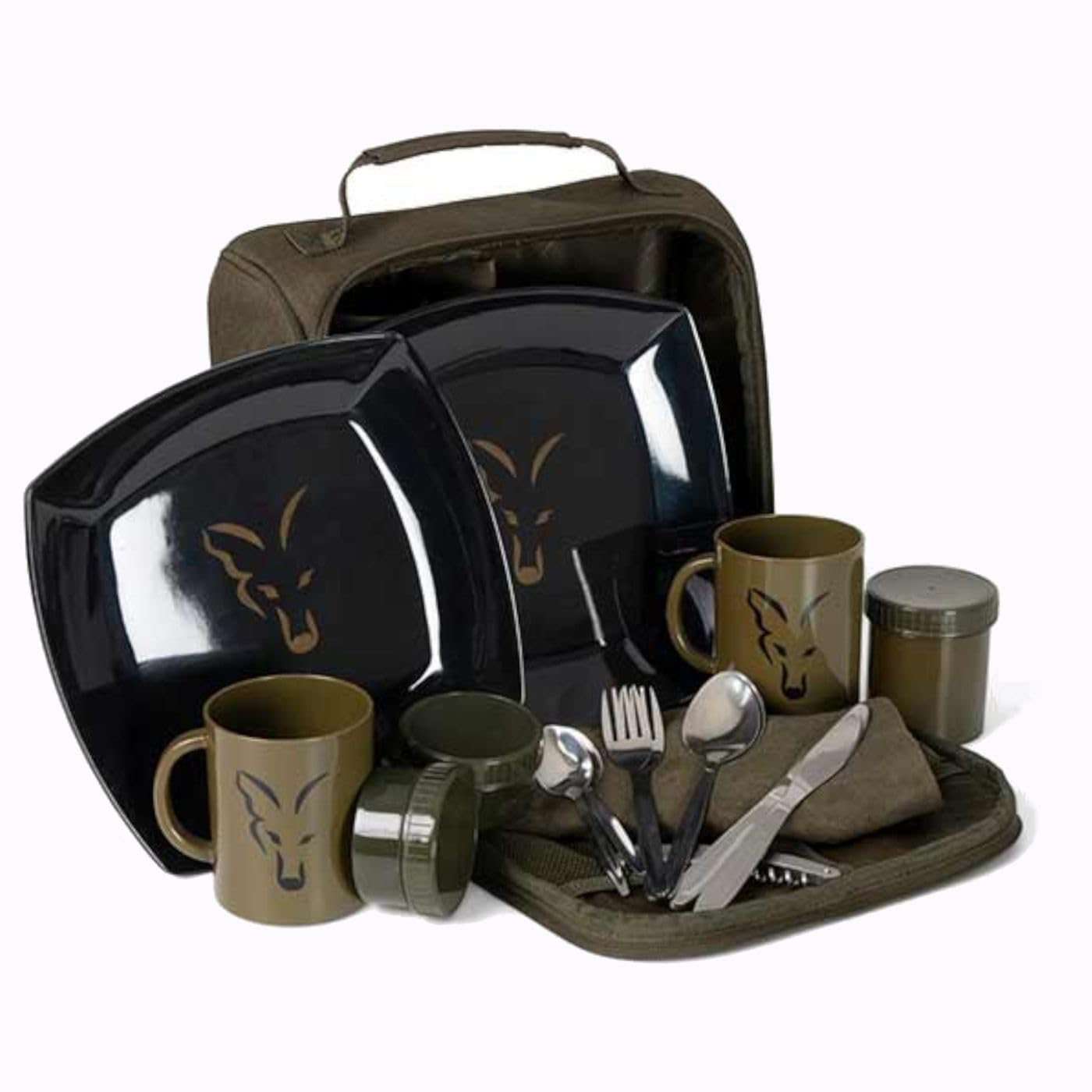 Fox Service de Table Voyager pour 2 Personnes - Noir et Vert - Ensemble Dining en Plein Air - 14 Pièces - 16 Pièces