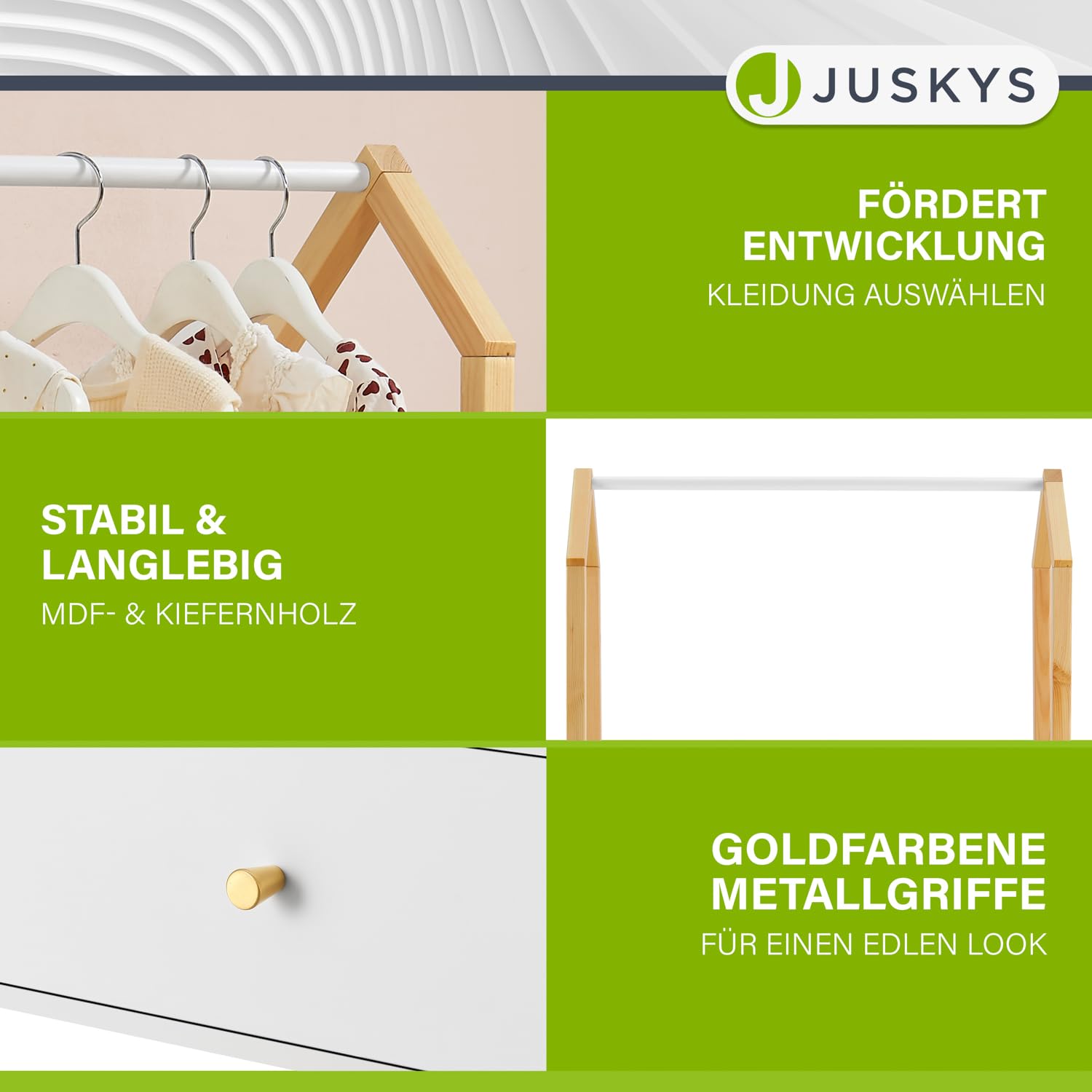 Juskys Kinder Kleiderständer Filla - große Schublade, Kleiderstange, offener Ständer - Kindergarderobe aus Holz - Mädchen & Jungs - Garderobe Weiß