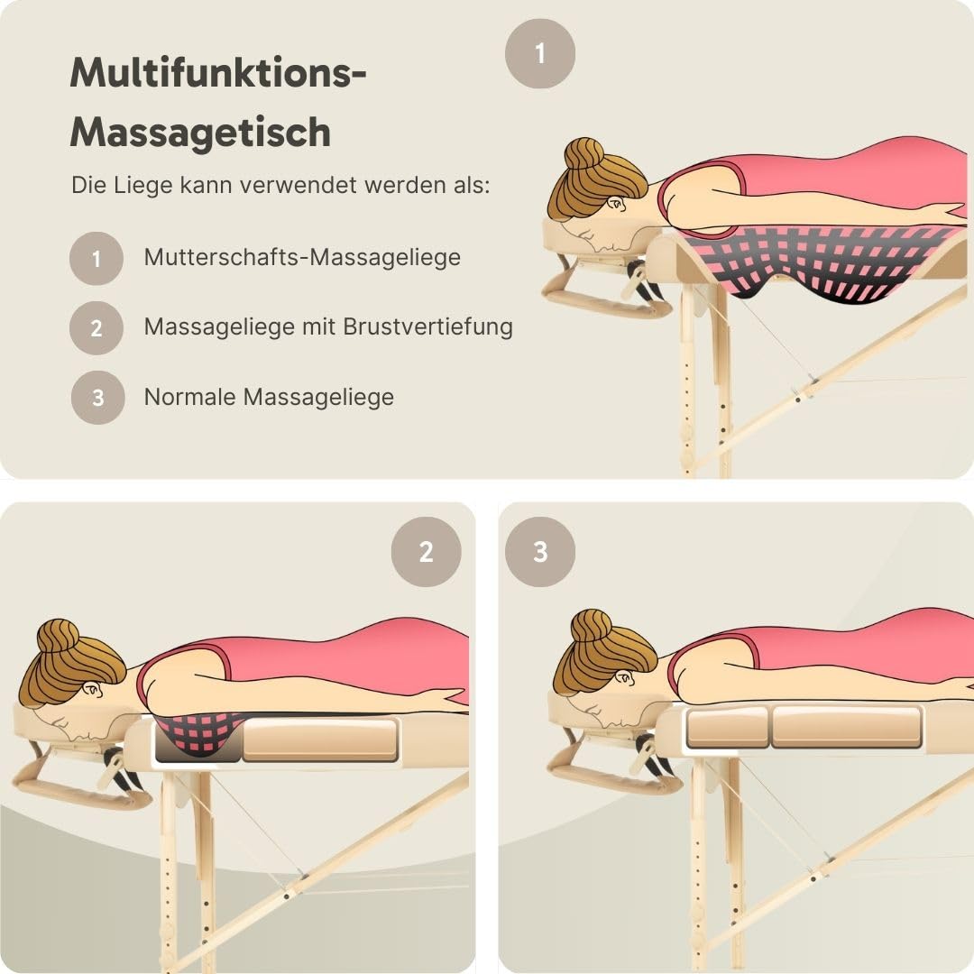 Ipanema Schwangerschafts-Massageliege Klappbar Braun 70 cm breit – mit Brust- und Bauchöffnung – höhenverstellbar (60–86 cm), Buchenholz bis 230 kg – 7,6 cm Matratze – inkl. Tragetasche