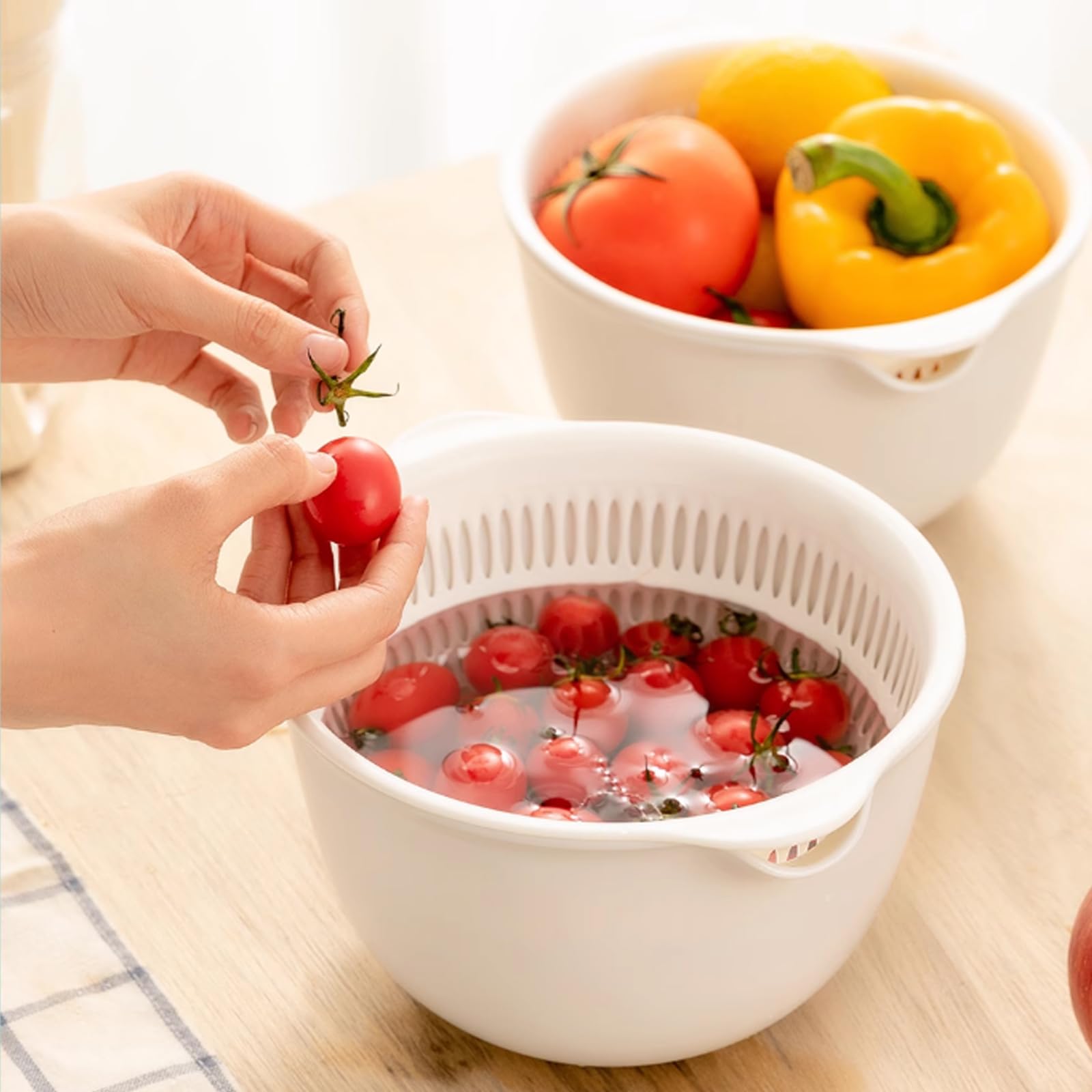 Juego de 2 coladores de cocina 2 en 1 de 3 cuartos de galón con colador de tazón, cesta de lavado de frutas y verduras de plástico sin BPA, apto para lavavajillas, doble capa, para pasta, fideos, arroz y alimentos (gris) 6
