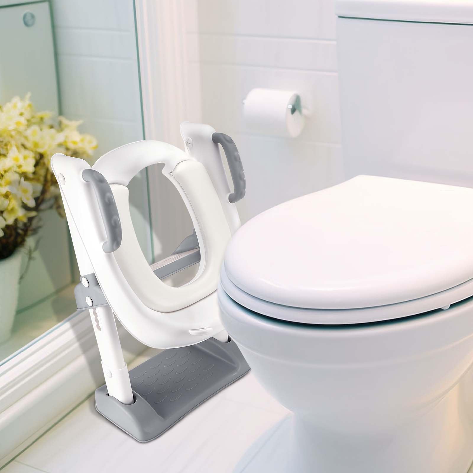 Mkitnvy Reducteur Toilette Enfant, Réducteur WC avec Marches, siège de toilette réglable avec rembourrage en PU, anti-éclaboussures et antidérapant, pour garçons et filles bébé