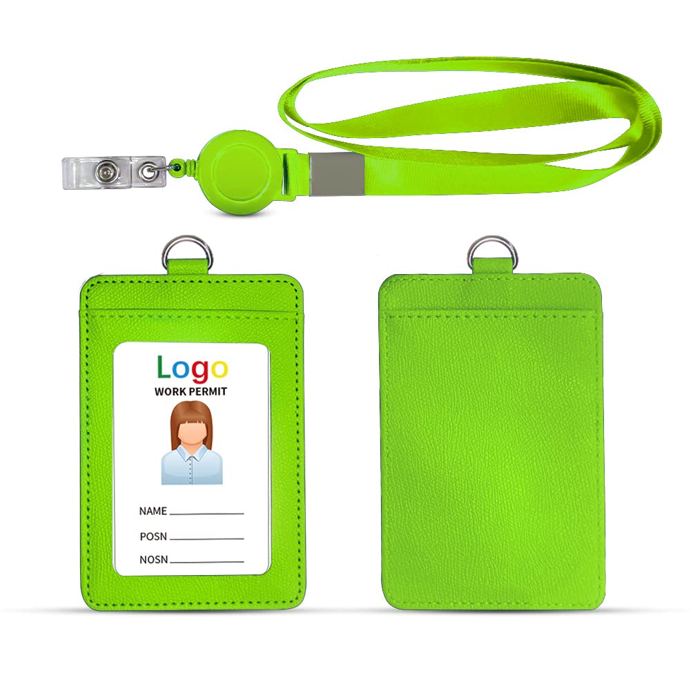 HYCOPROT ID Badge Holder with Lanyard Heavy Duty Retractable PU Leather Vertical Horizontal ID Card Holders with 1 Clear ID Window & 1 Credit Card Slot for School Driver Licence (Vertical, Green)